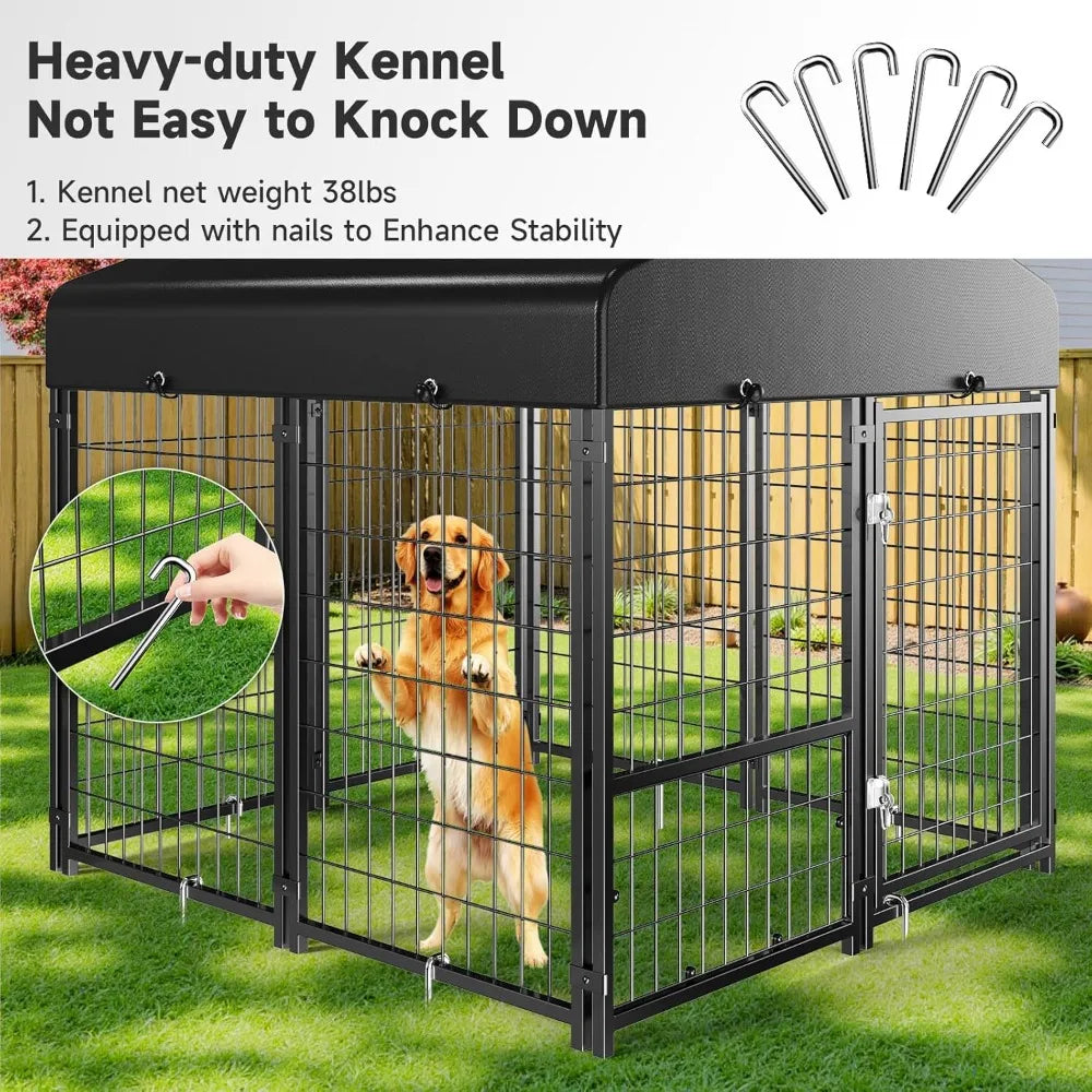 Outdoor Dog Kennel with Roof, Weatherproof Dog Kennel Outside with Removable Doggy Door, Backyard Dog Run Playpen Pet Enclosures