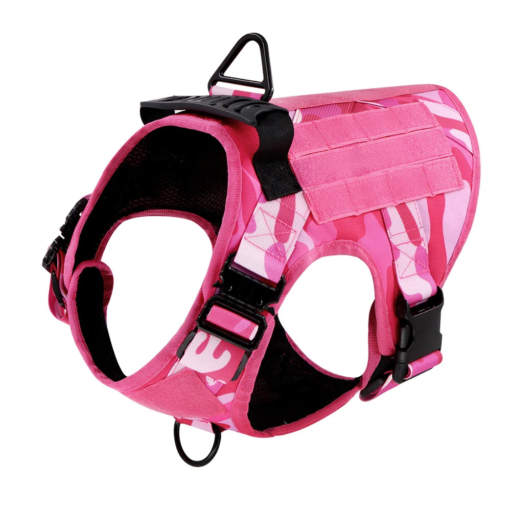 Military Pink Camouflage Dog Harness for Large and Medium Dogs Adjustable Tactical Training Vest with Leash