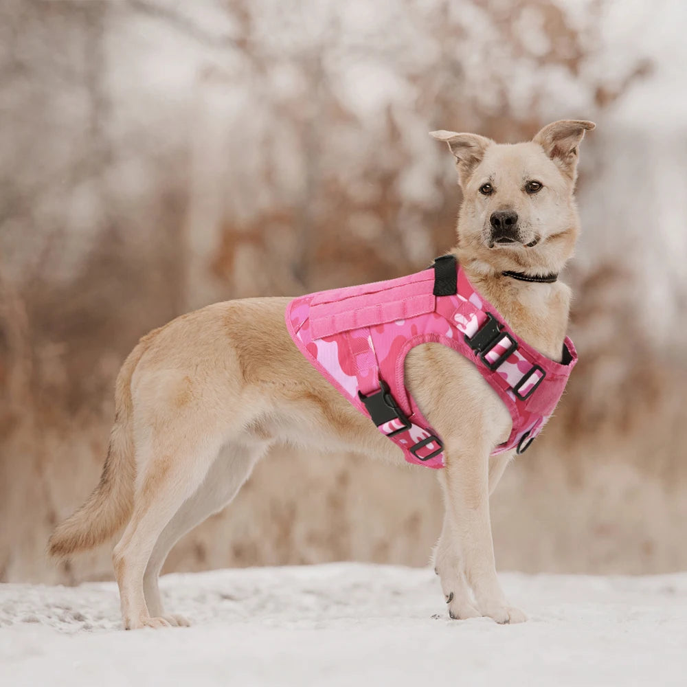 Military Pink Camouflage Dog Harness for Large and Medium Dogs Adjustable Tactical Training Vest with Leash