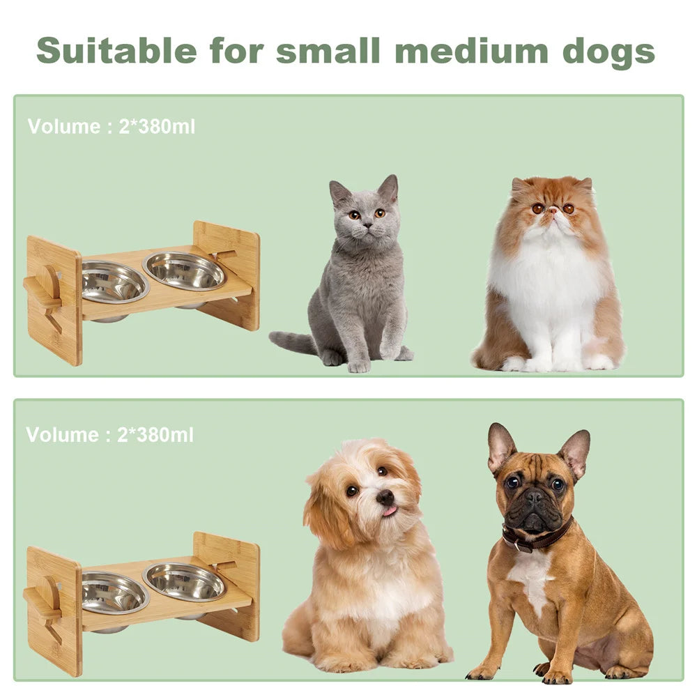 Elevated Stand, 4 Heights, Bamboo Feeding Station 2 Stainless Steel Bowls.