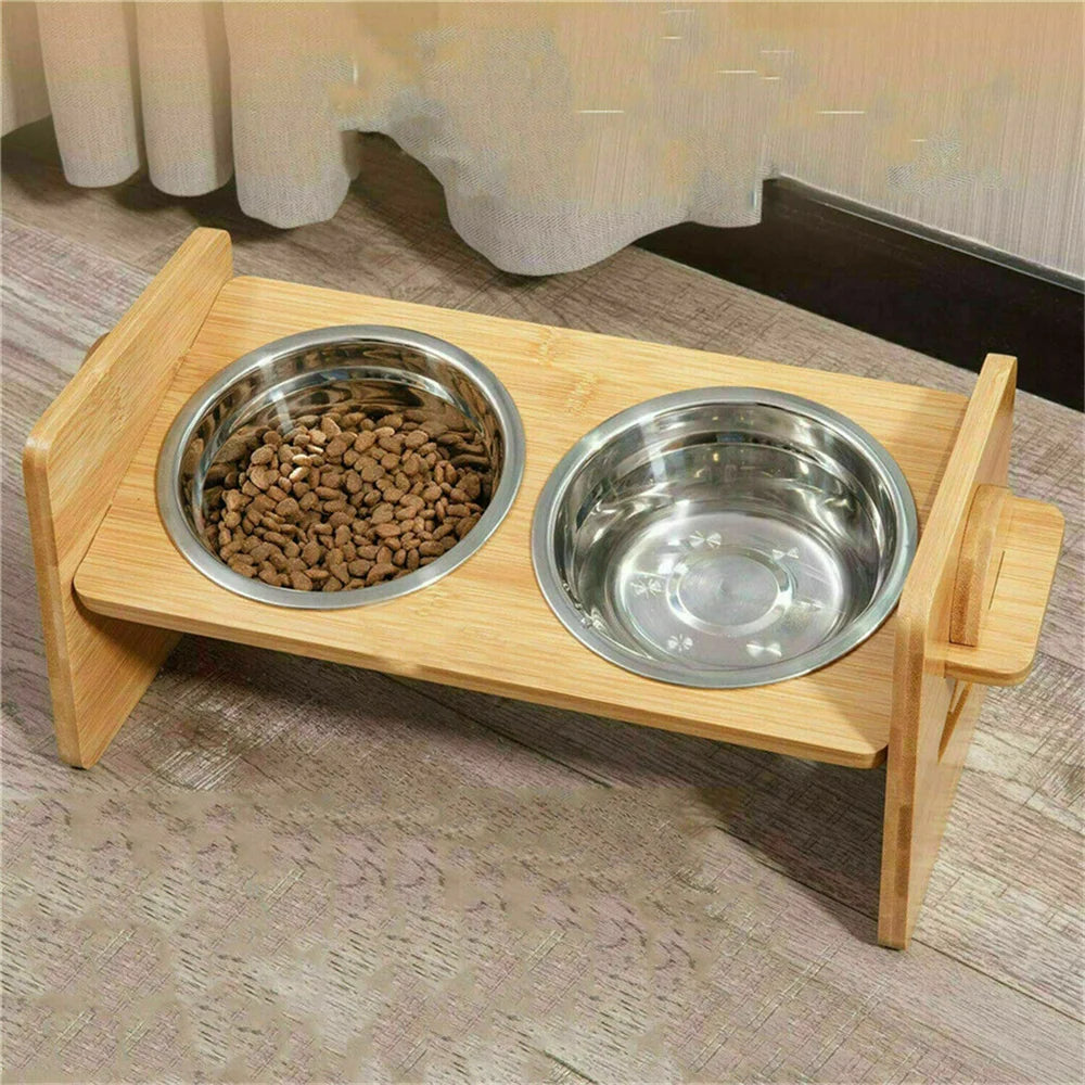 Elevated Stand, 4 Heights, Bamboo Feeding Station 2 Stainless Steel Bowls.