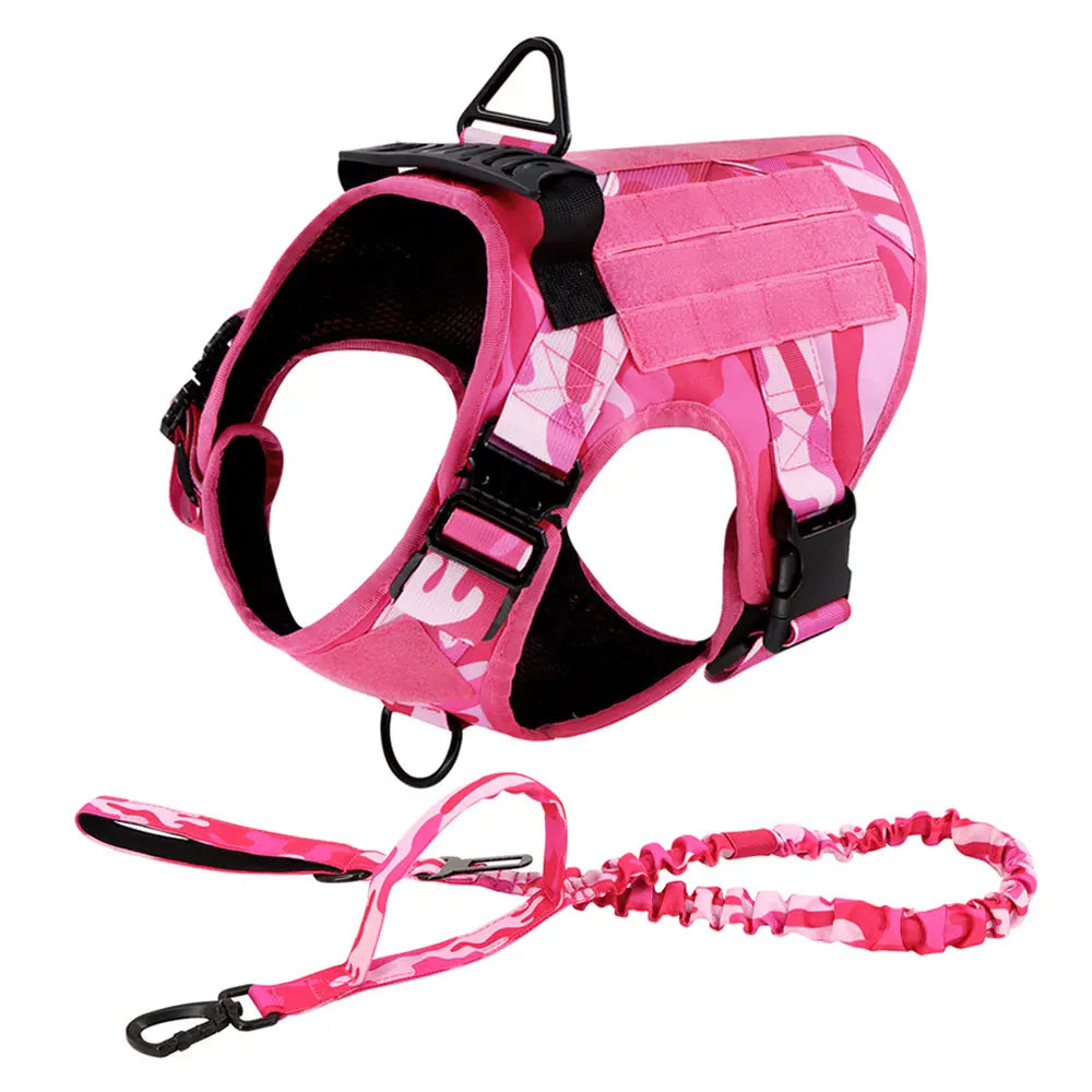 Military Pink Camouflage Dog Harness for Large and Medium Dogs Adjustable Tactical Training Vest with Leash