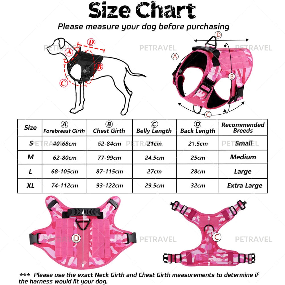 Military Pink Camouflage Dog Harness for Large and Medium Dogs Adjustable Tactical Training Vest with Leash
