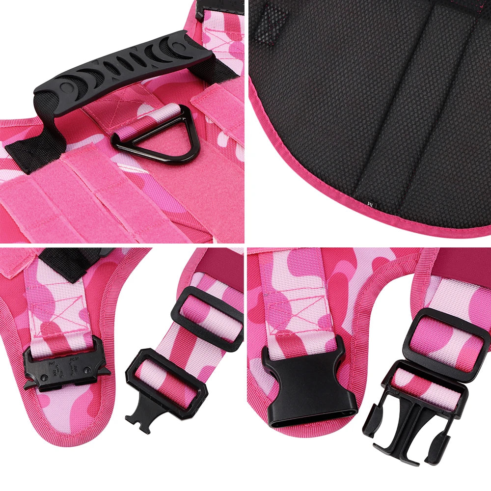 Military Pink Camouflage Dog Harness for Large and Medium Dogs Adjustable Tactical Training Vest with Leash