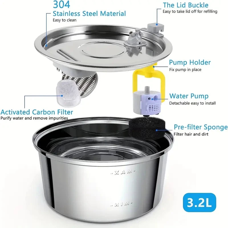 Quiet Pump, Stainless Steel Cat Dog Water Fountain with Single Spout
