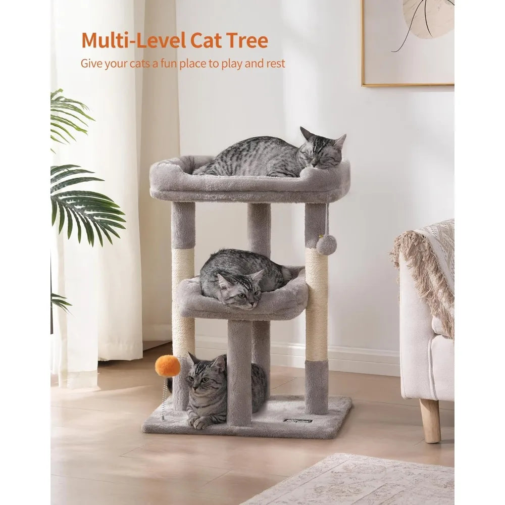 FourFurPets Small Multi-Level Cat Tree: Indoor Cat Tower with Scratching Post, Cat Condo, Kitten-Friendly Design & Toy Ball