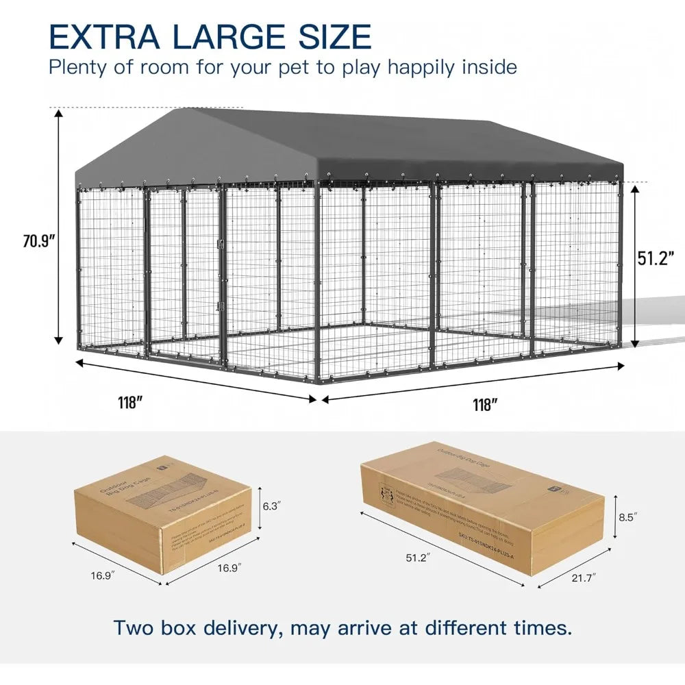 118" x 118" x 70.9" Heavy Duty Dog Cage with Roof,Galvanized Steel Dog Enclosure Fence with Double Security Locks Fast shipping