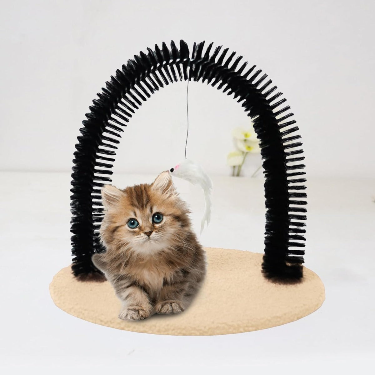 Cat Arch Grooming Brush with Scratching Pad, Interactive Self-Grooming Device for Indoor Cats, Durable Plush and Sisal Material, Compact Size, Neutral Tone, Promotes Grooming