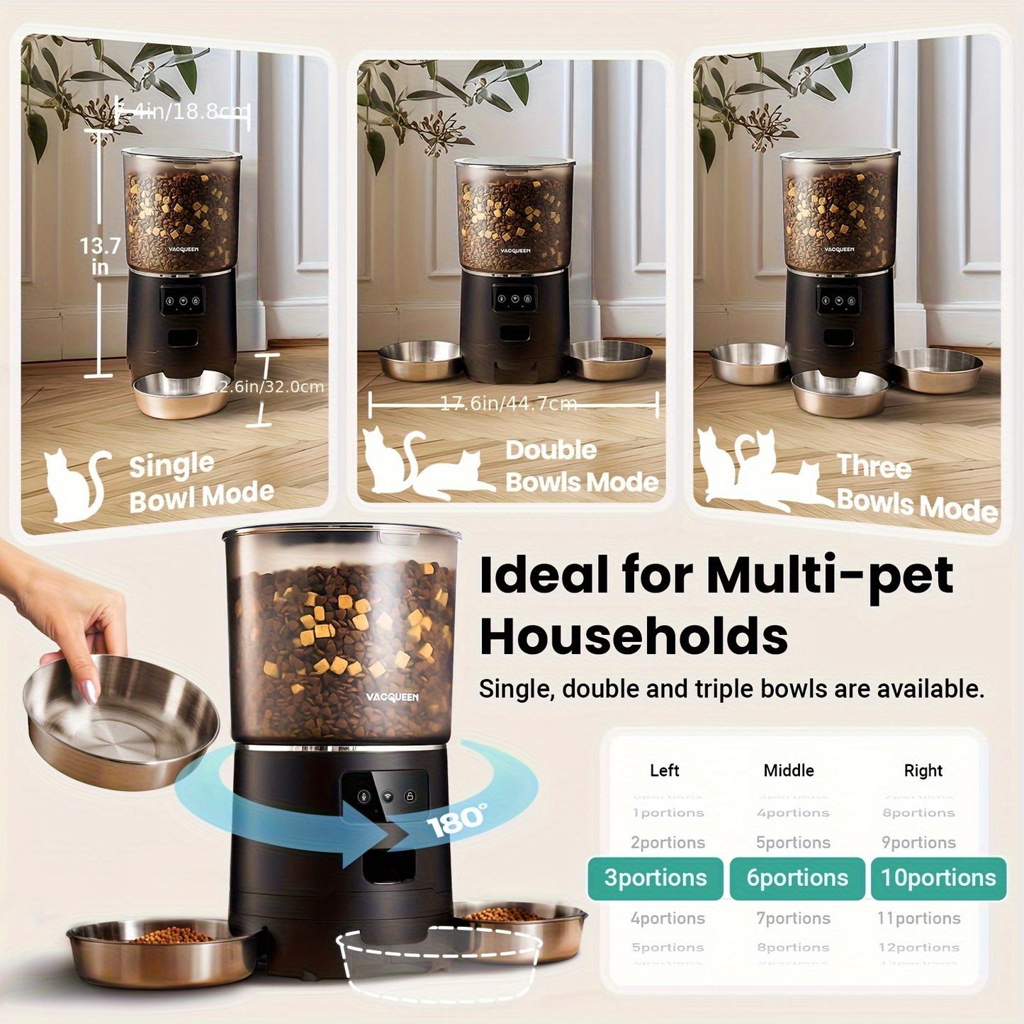 Smart WiFi Feeder with App Control & 1.59gal Large Capacity - 3- Dispenser with 3-Bowls System, Real-Time Monitoring, Auto Feeding Schedule, Plug (110-130V) for Multi- Households, Pet Waster Prevention, Dog Feeder Automatical