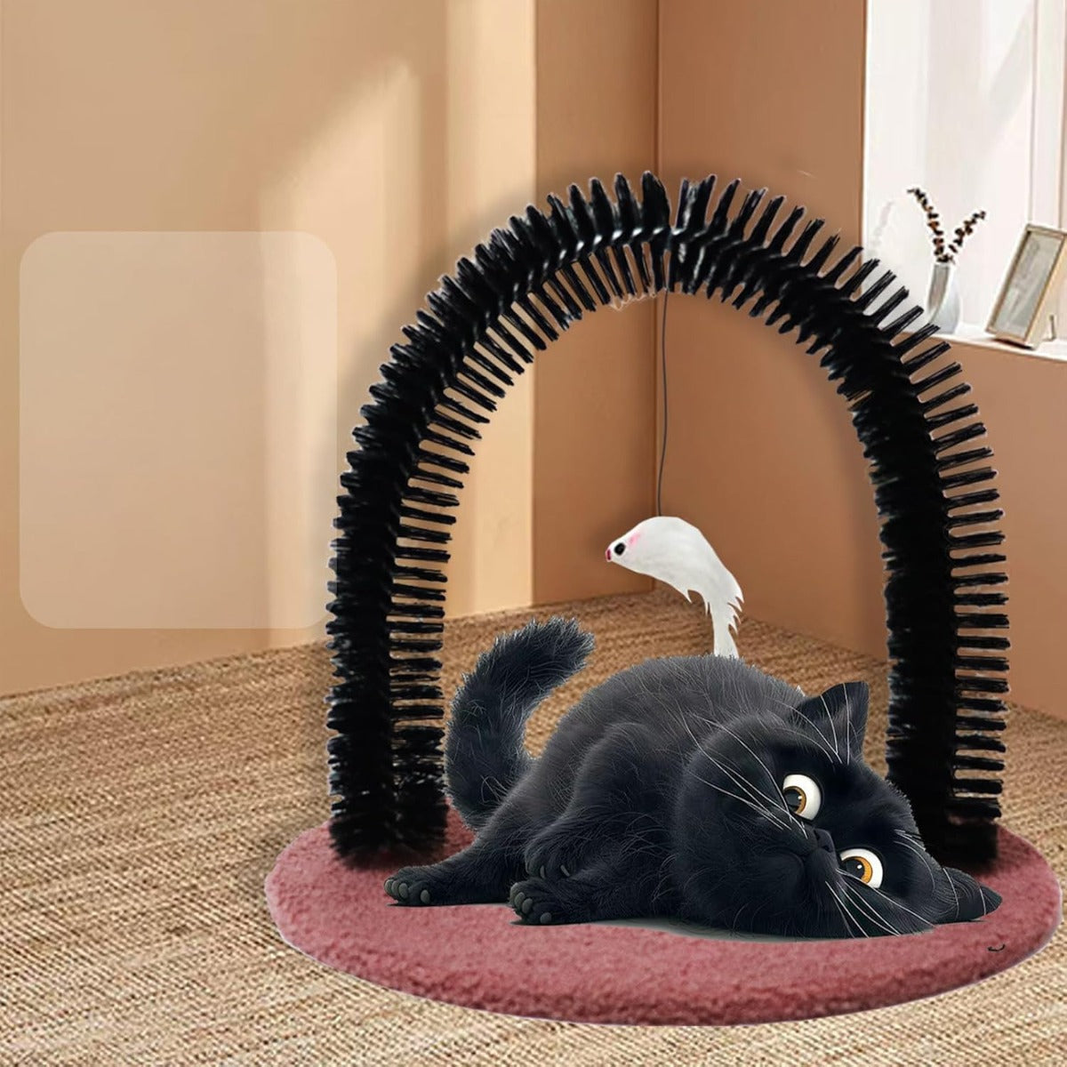 Cat Arch Grooming Brush with Scratching Pad, Interactive Self-Grooming Device for Indoor Cats, Durable Plush and Sisal Material, Compact Size, Neutral Tone, Promotes Grooming