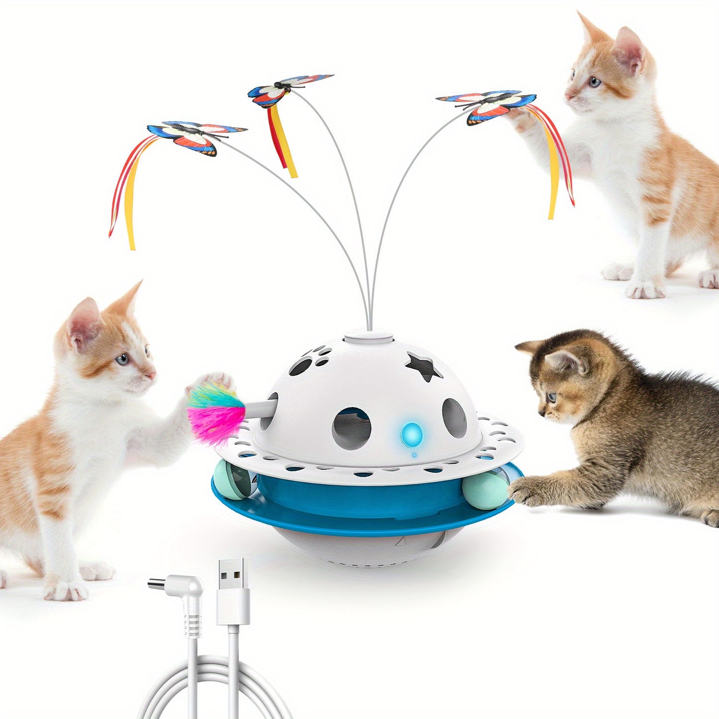 Cat Toys 3-in-1 Smart Interactive Electronic Kitten Toy Random Moving Feather Balls Indoor Exercise Cat Dog Pet Products, Shell Material, with 2 Replacing Fluttering Butterfly And Bring A Fun Surprise, Cat Toys for Indoor Cat