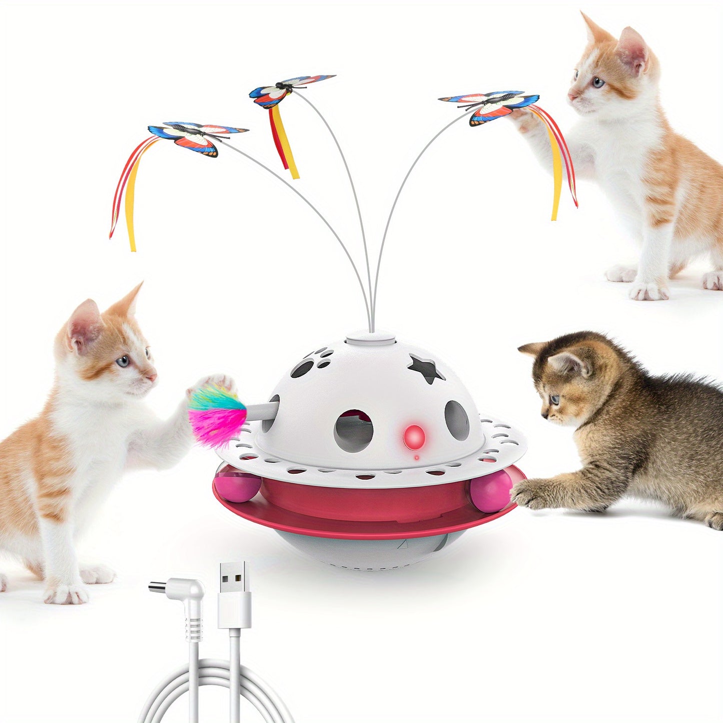 Cat Toys 3-in-1 Smart Interactive Electronic Kitten Toy Random Moving Feather Balls Indoor Exercise Cat Dog Pet Products, Shell Material, with 2 Replacing Fluttering Butterfly And Bring A Fun Surprise, Cat Toys for Indoor Cat