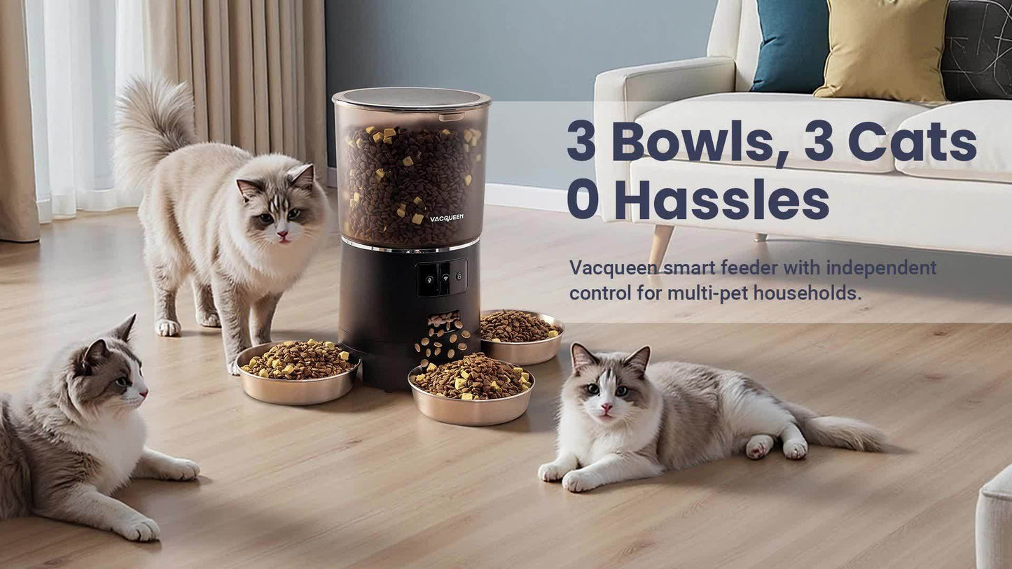 Smart WiFi Feeder with App Control & 1.59gal Large Capacity - 3- Dispenser with 3-Bowls System, Real-Time Monitoring, Auto Feeding Schedule, Plug (110-130V) for Multi- Households, Pet Waster Prevention, Dog Feeder Automatical