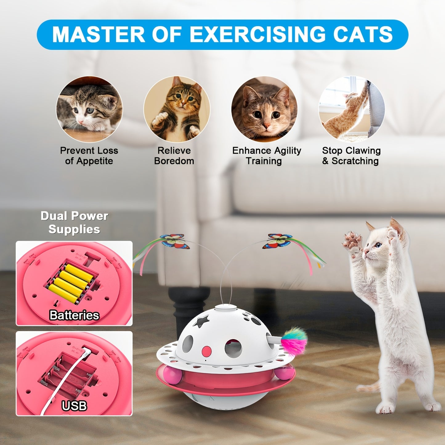 Cat Toys 3-in-1 Smart Interactive Electronic Kitten Toy Random Moving Feather Balls Indoor Exercise Cat Dog Pet Products, Shell Material, with 2 Replacing Fluttering Butterfly And Bring A Fun Surprise, Cat Toys for Indoor Cat