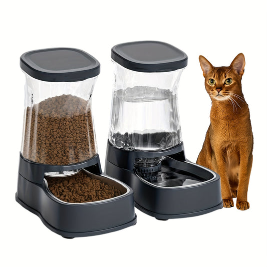 Pet Feeder + Water Dispenser 2pcs Package, Gravity to Automatic Feeding, Each 1Gallon Large Capacity, with Stainless Steel Water Bowls, Waterer with Filter, Non-slip, 100% No BPA, Suitable for Full-size Cats, Dogs And Other P