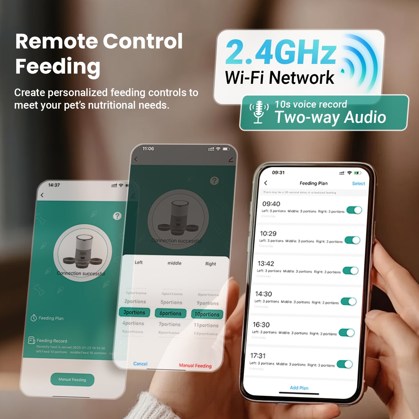 Smart WiFi Feeder with App Control & 1.59gal Large Capacity - 3- Dispenser with 3-Bowls System, Real-Time Monitoring, Auto Feeding Schedule, Plug (110-130V) for Multi- Households, Pet Waster Prevention, Dog Feeder Automatical