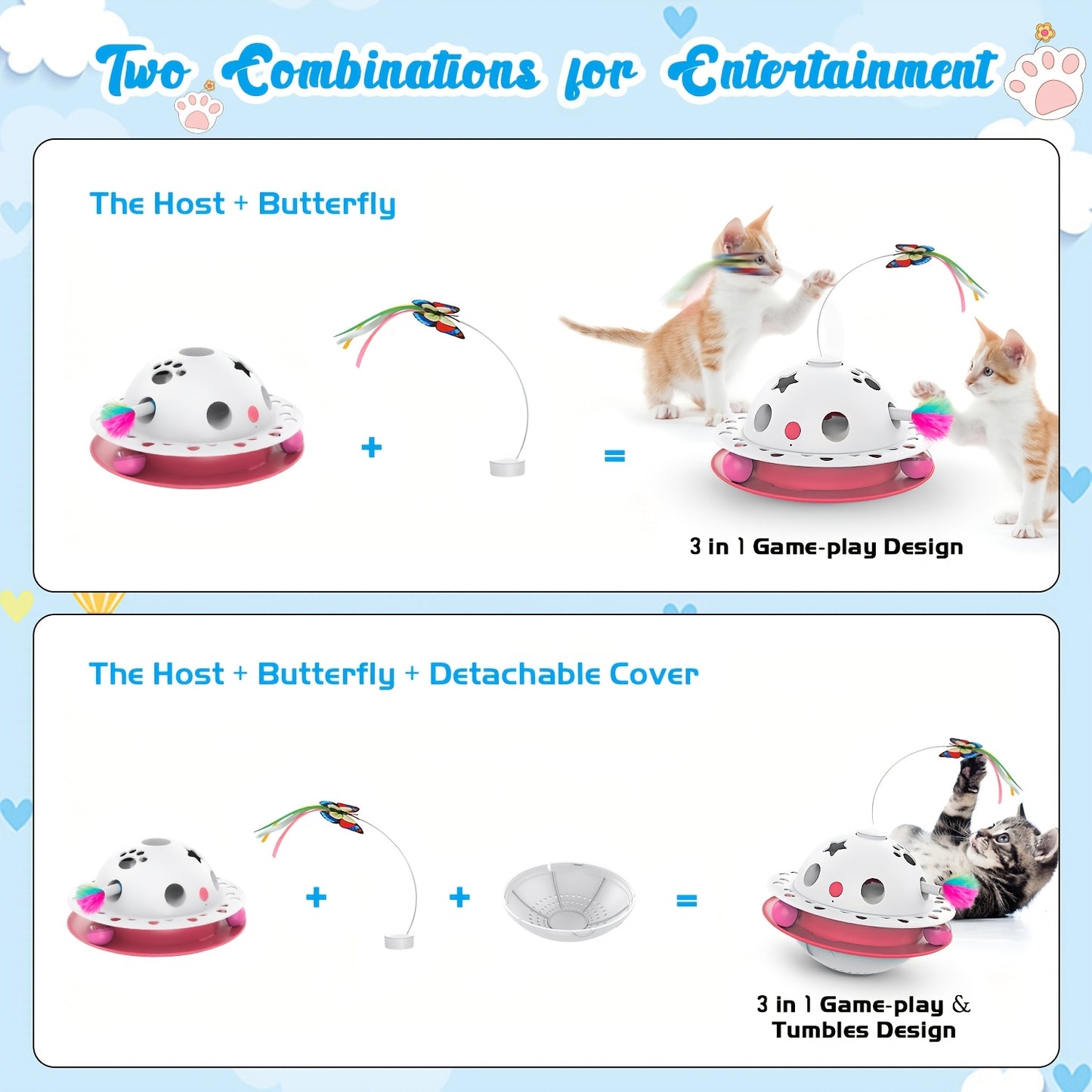 Cat Toys 3-in-1 Smart Interactive Electronic Kitten Toy Random Moving Feather Balls Indoor Exercise Cat Dog Pet Products, Shell Material, with 2 Replacing Fluttering Butterfly And Bring A Fun Surprise, Cat Toys for Indoor Cat