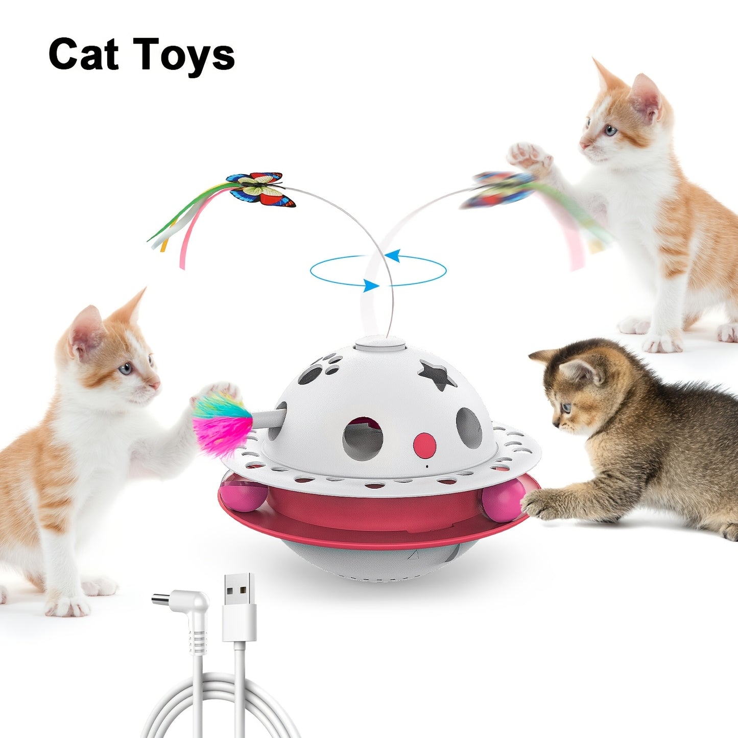 Cat Toys 3-in-1 Smart Interactive Electronic Kitten Toy Random Moving Feather Balls Indoor Exercise Cat Dog Pet Products, Shell Material, with 2 Replacing Fluttering Butterfly And Bring A Fun Surprise, Cat Toys for Indoor Cat
