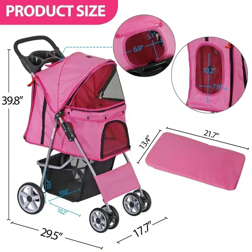 Pink Four Wheel Pet Stroller for Medium Dogs and Cats Foldable Jogger Travel Carrier with Basket