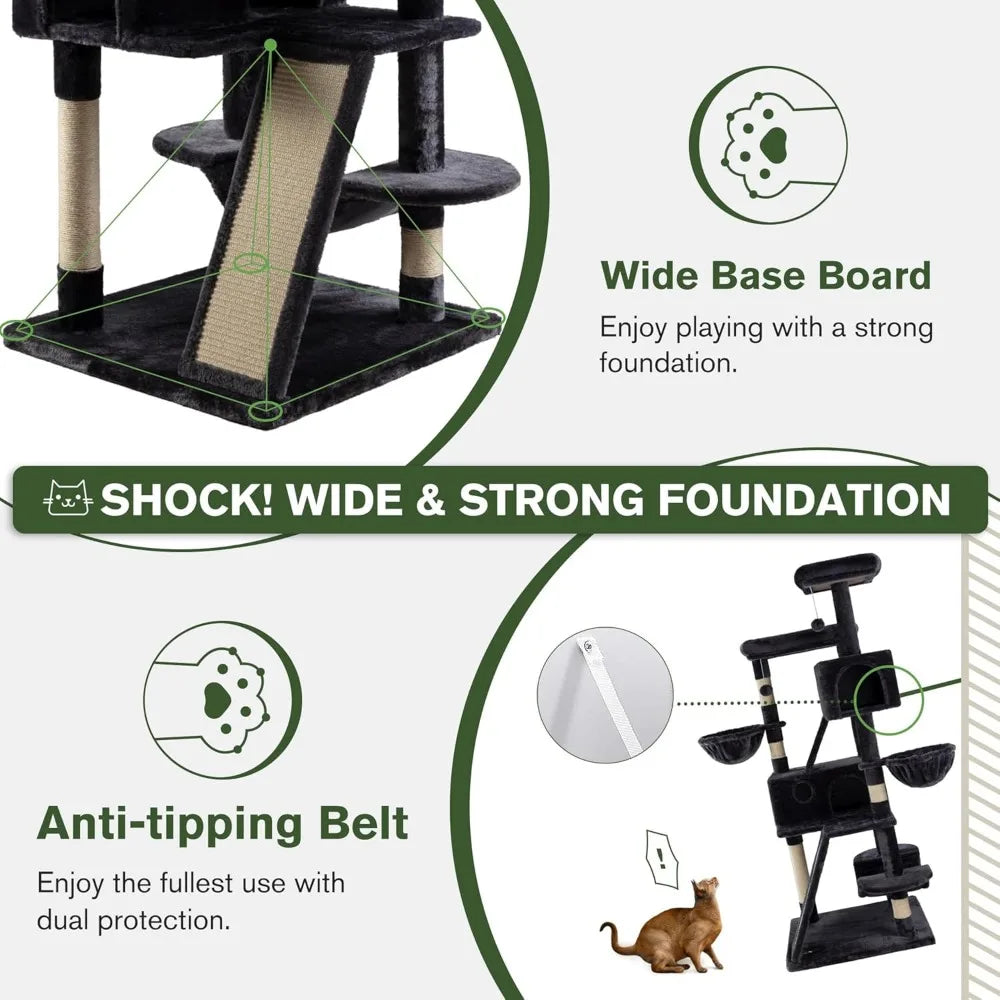 66 Inches Multi-Level Large Cat Tree Tower for Indoor Big Feline/Cozy Plush Perches/Condo/Sisal Scratching Posts/Hammock