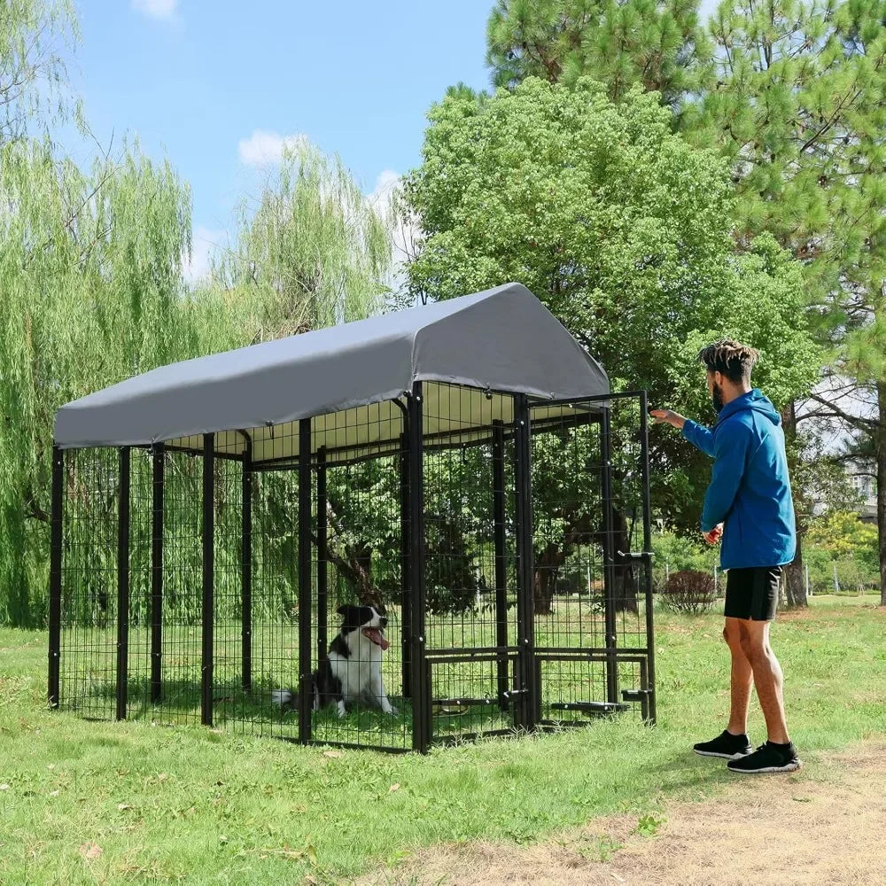 Dog Kennel Outdoor with Roof and Rotating Bowl Holders, Large Metal Dog Enclosure, Heavy Duty Built