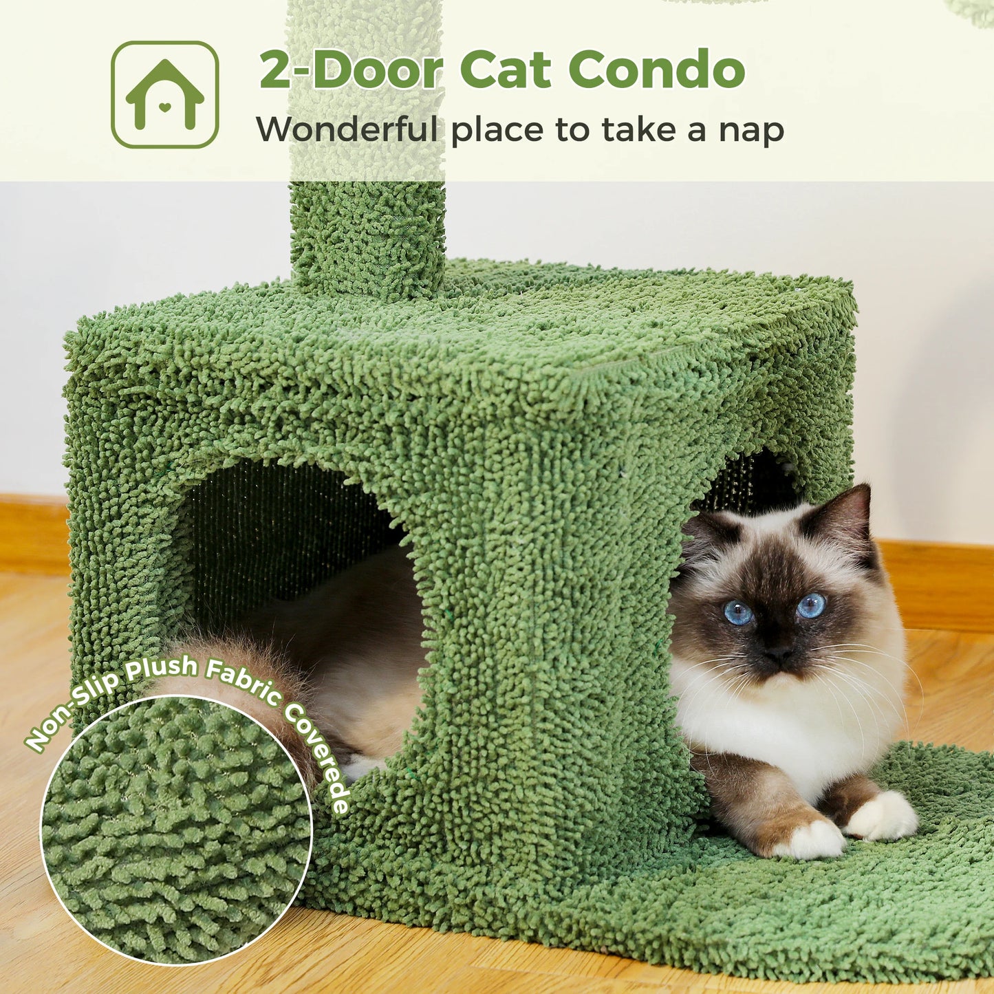 Cactus Cat Tree with Large Condo Hammock Dangling Ball Small Cat Tower Cat Scratching Post for Indoor Use