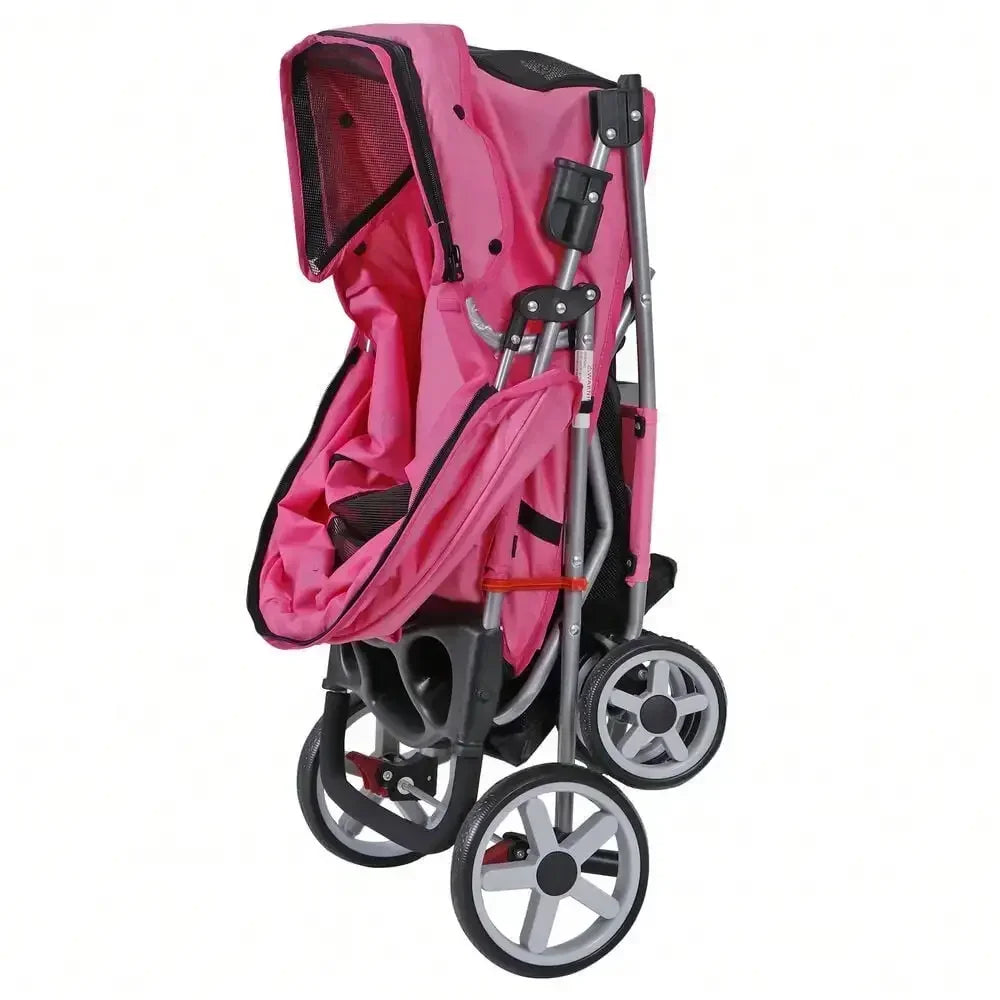 Pink Four Wheel Pet Stroller for Medium Dogs and Cats Foldable Jogger Travel Carrier with Basket