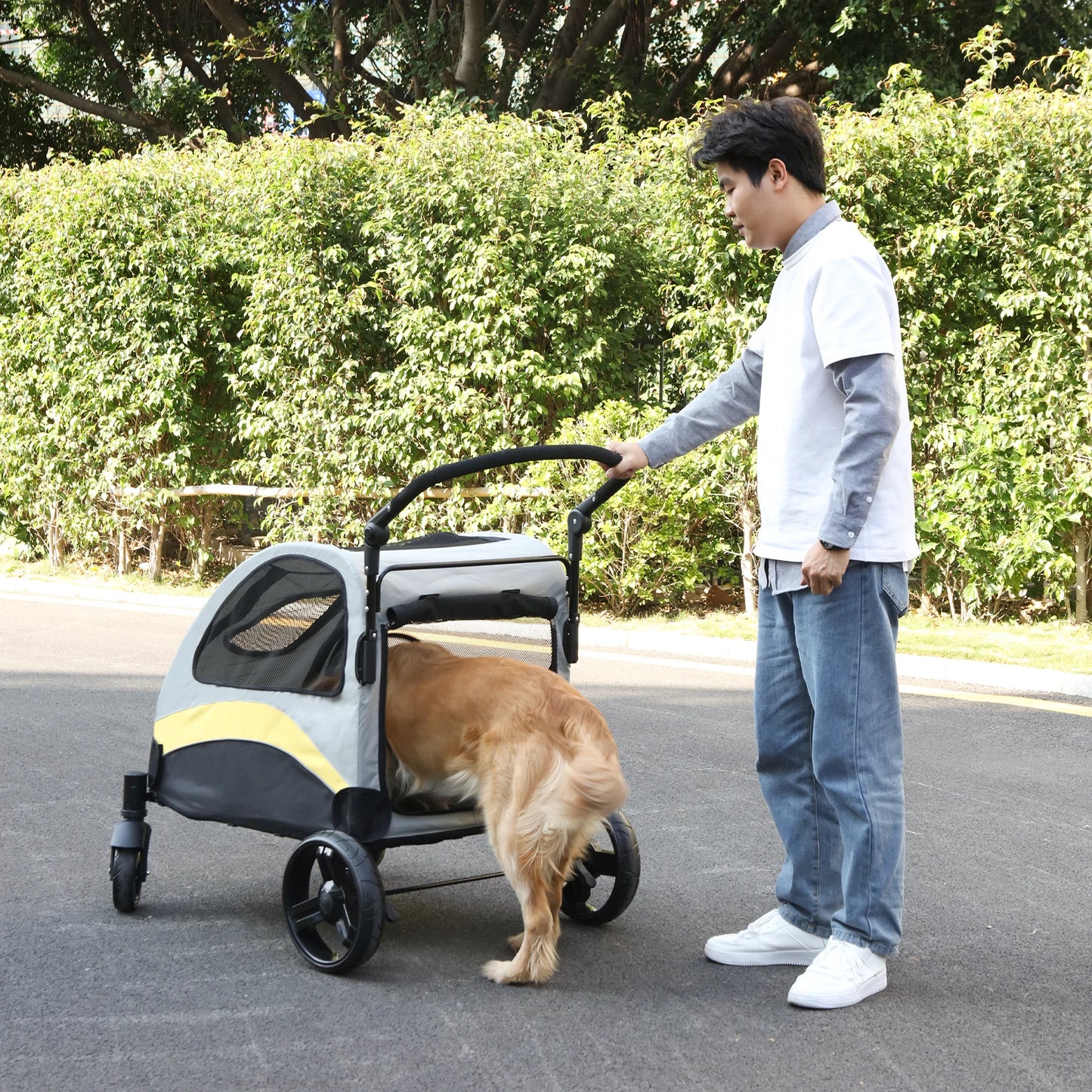 Portable Dog Stroller 4 Wheels for Large Dogs  Breathable Carrier for Outside Play