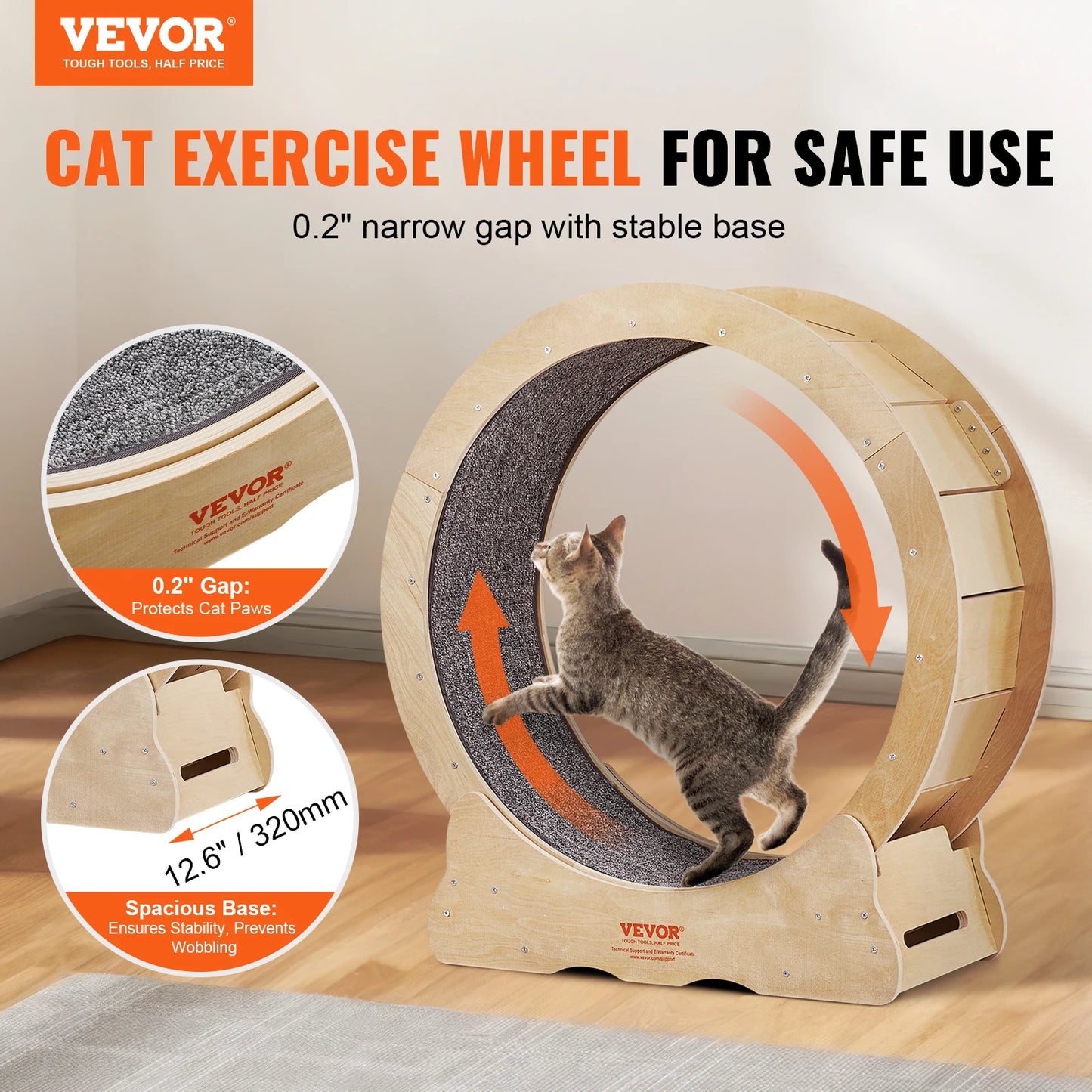 VEVOR Cat Exercise Wheel Natural Wood Silent Running Treadmill Roller Wheel with Detachable Carpet for Pet Fitness