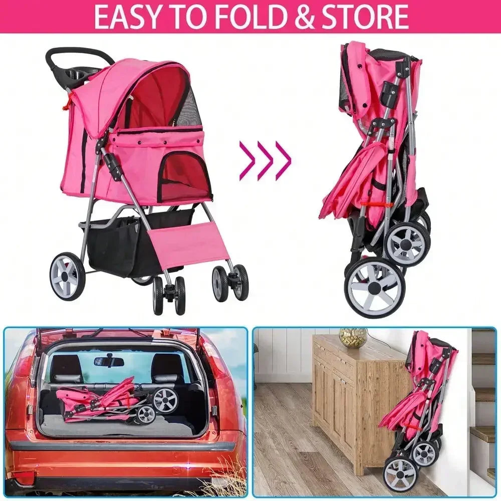 Pink Four Wheel Pet Stroller for Medium Dogs and Cats Foldable Jogger Travel Carrier with Basket