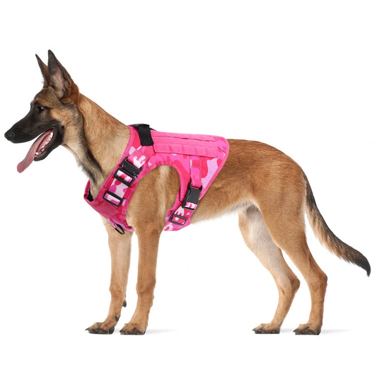 Military Pink Camouflage Dog Harness for Large and Medium Dogs Adjustable Tactical Training Vest with Leash