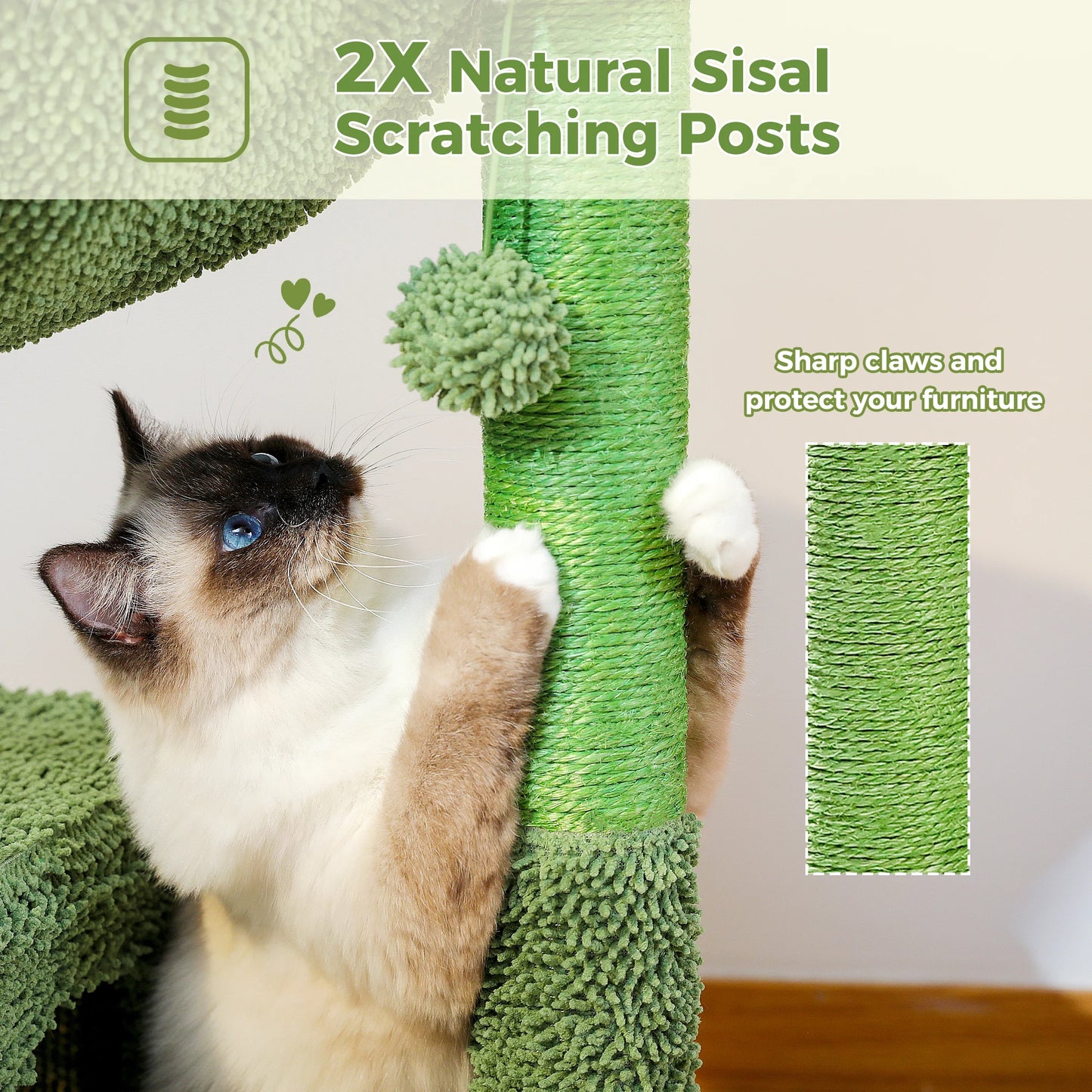 Cactus Cat Tree with Large Condo Hammock Dangling Ball Small Cat Tower Cat Scratching Post for Indoor Use