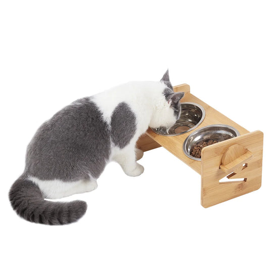 Elevated Stand, 4 Heights, Bamboo Feeding Station 2 Stainless Steel Bowls.