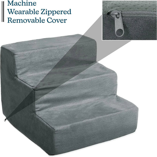 3-Step Pet Stairs  Nonslip Foam Dog and Cat Steps with Removable Zippered Microfiber Cover - Designed for Home o