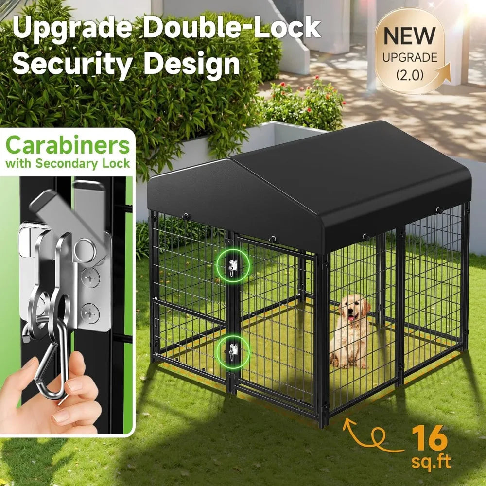 Outdoor Dog Kennel with Roof, Weatherproof Dog Kennel Outside with Removable Doggy Door, Backyard Dog Run Playpen Pet Enclosures