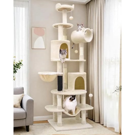 Artistic Curved Cat Tower for Small Cats (Under 12 lbs), 81-inch Slim Design Cat Tree with Space-Saving Design, Indoor Cat Condo