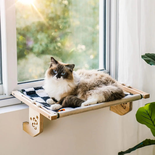 Cat Window Perch Wood Metal Frame , Beige Chessboard