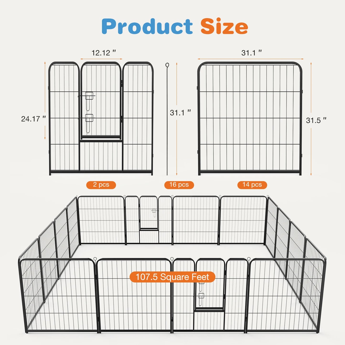 16 Panel Dog Playpen Indoor/outdoor Fence,  Exercise for Yard  Metal Dog Pen for Camping