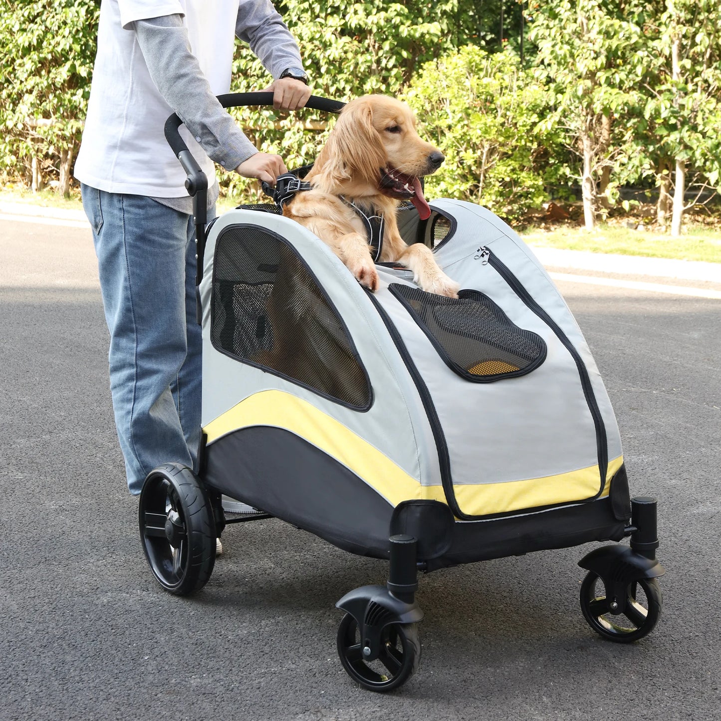 Portable Dog Stroller 4 Wheels for Large Dogs  Breathable Carrier for Outside Play