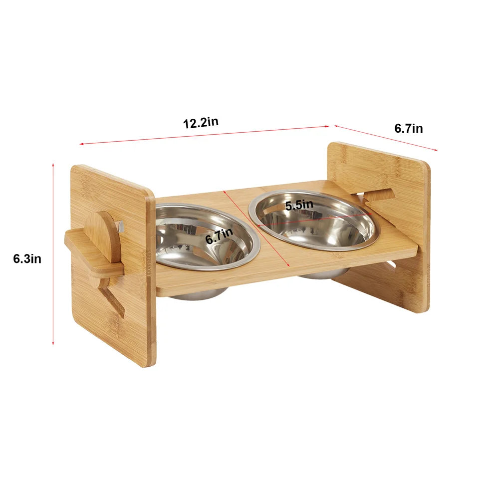 Elevated Stand, 4 Heights, Bamboo Feeding Station 2 Stainless Steel Bowls.