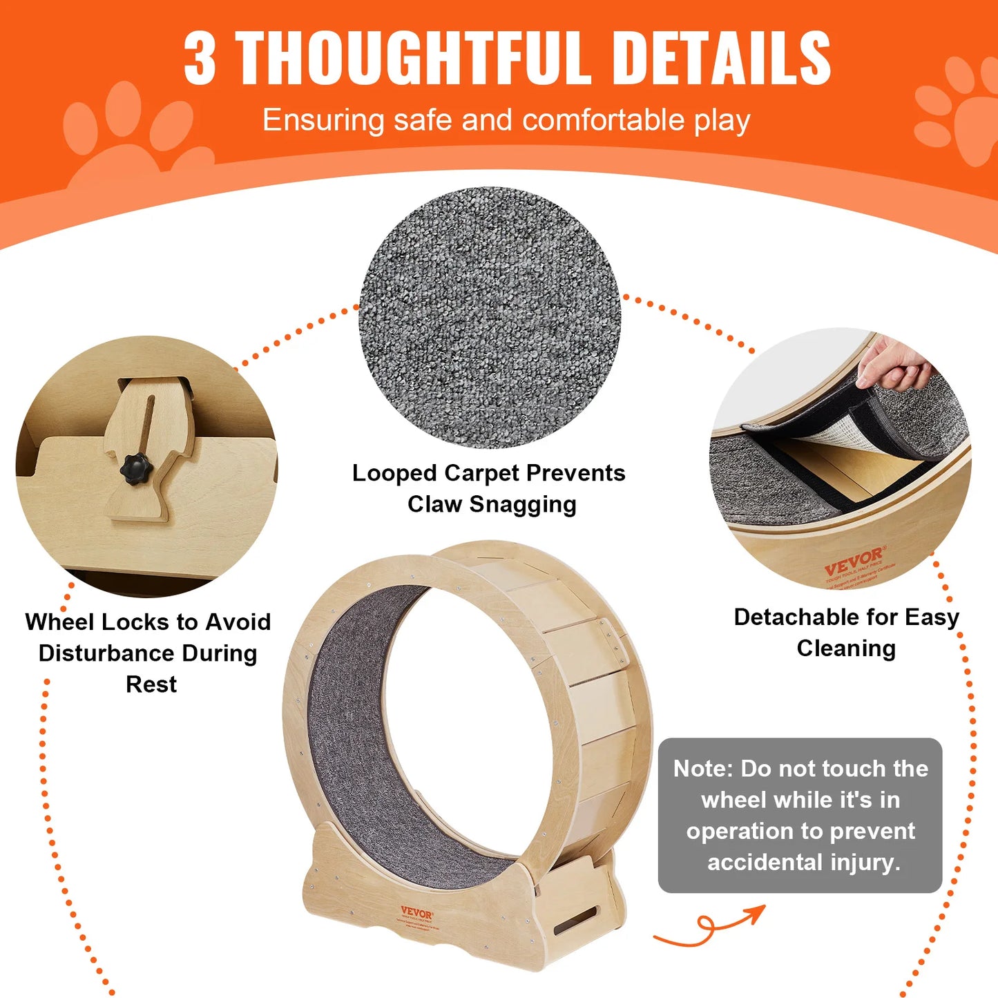 VEVOR Cat Exercise Wheel Natural Wood Silent Running Treadmill Roller Wheel with Detachable Carpet for Pet Fitness