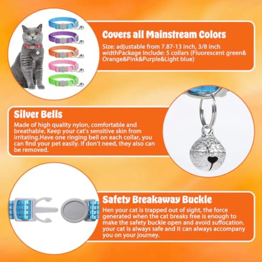 5 Pack Reflective Cat Collars with Bell Breakaway Cat Collars Adjustable Safety Kitten Collar Colorful Soft Small Cats Collar f