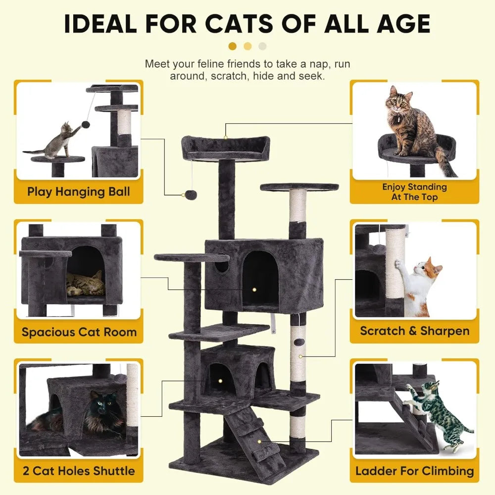 54-Inch Cat Tree & Tower for Indoor Cats: Plush Multi-Level Cat Furniture with Scratching Post, Jumping Platform & Cat Plateau