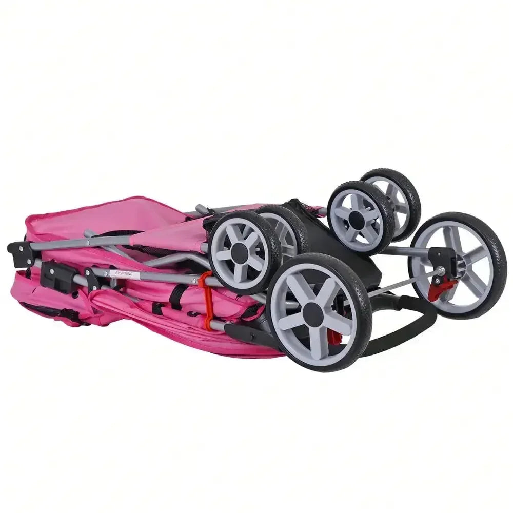 Pink Four Wheel Pet Stroller for Medium Dogs and Cats Foldable Jogger Travel Carrier with Basket