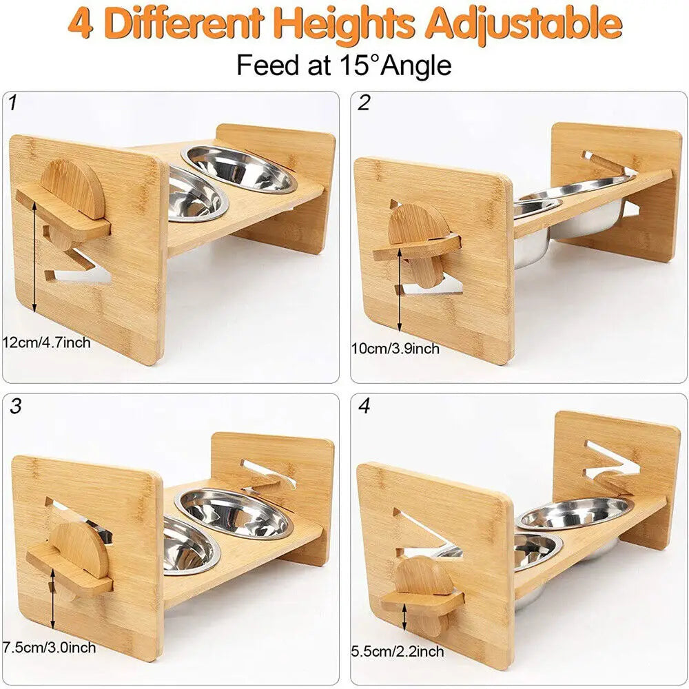 Elevated Stand, 4 Heights, Bamboo Feeding Station 2 Stainless Steel Bowls.