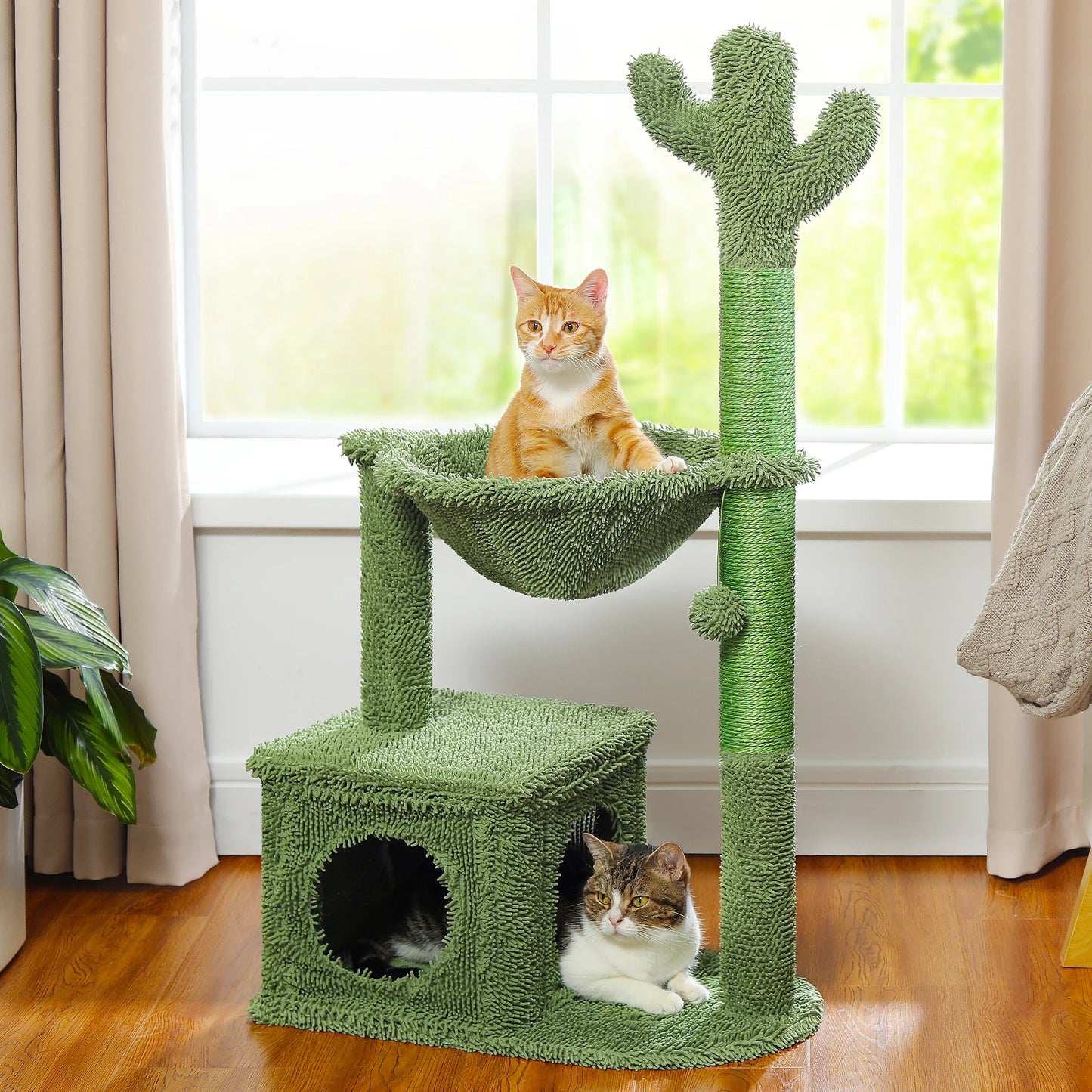 Cactus Cat Tree with Large Condo Hammock Dangling Ball Small Cat Tower Cat Scratching Post for Indoor Use