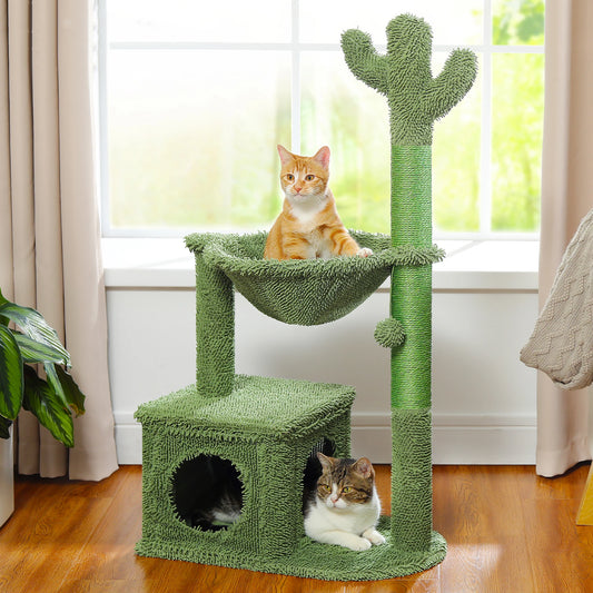 Cactus Cat Tree with Large Condo Hammock Dangling Ball Small Cat Tower Cat Scratching Post for Indoor Use