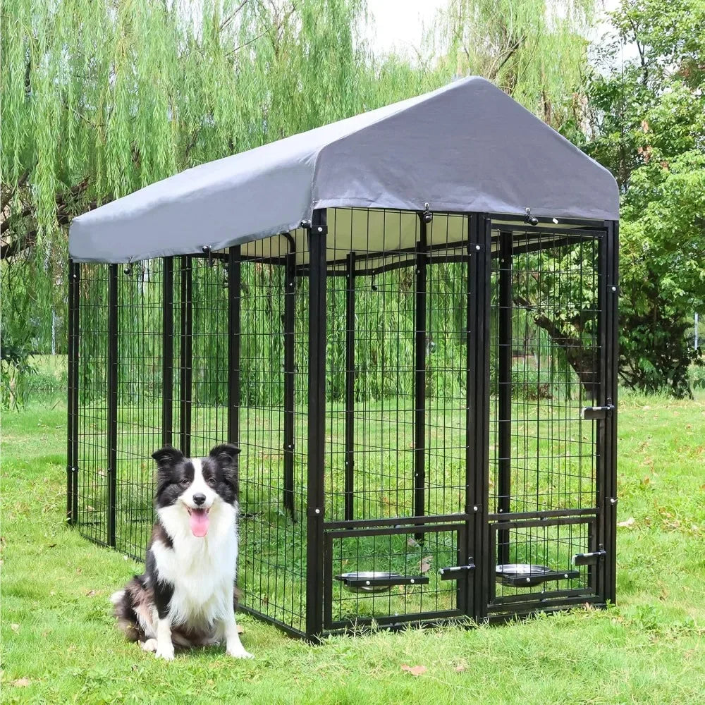 Dog Kennel Outdoor with Roof and Rotating Bowl Holders, Large Metal Dog Enclosure, Heavy Duty Built