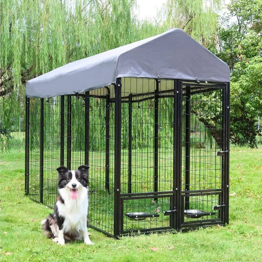Dog Kennel Outdoor with Roof and Rotating Bowl Holders, Large Metal Dog Enclosure, Heavy Duty Built
