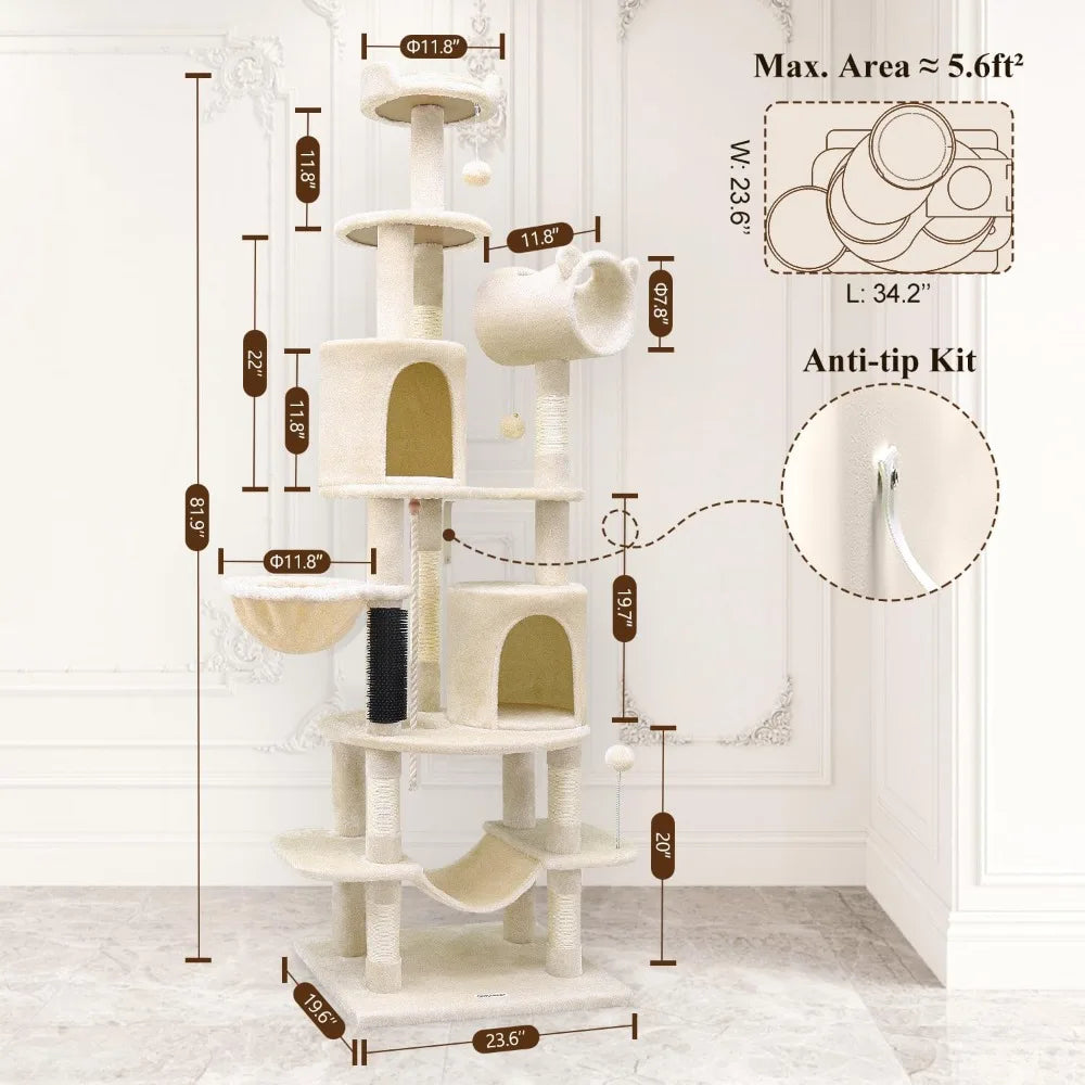 Artistic Curved Cat Tower for Small Cats (Under 12 lbs), 81-inch Slim Design Cat Tree with Space-Saving Design, Indoor Cat Condo